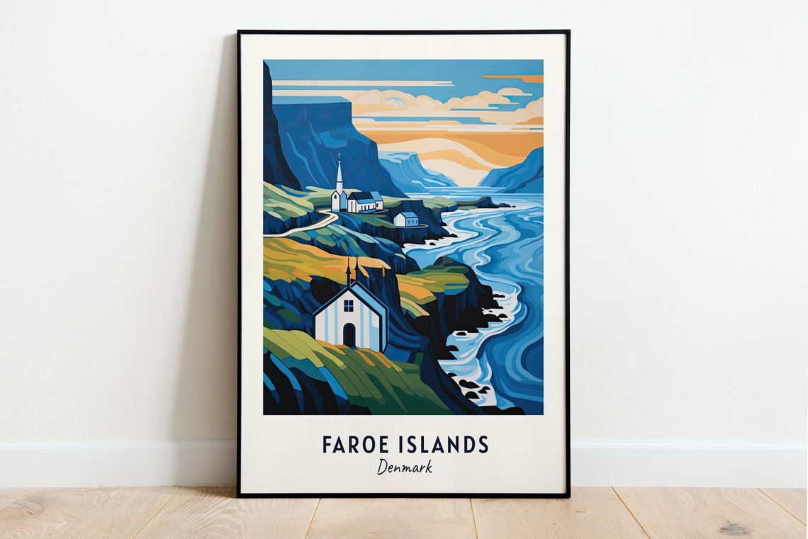 Faroe Islands Denmark Coastal Cliffs Churches Vintage Travel Poster