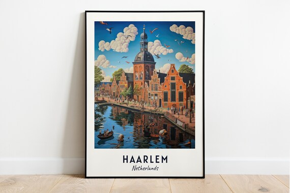 Haarlem Netherlands Canal Cityscape Summer Boats Travel Poster