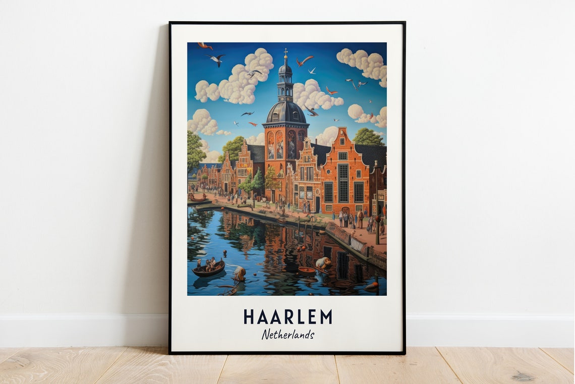Haarlem Netherlands Canal Cityscape Summer Boats Travel Poster