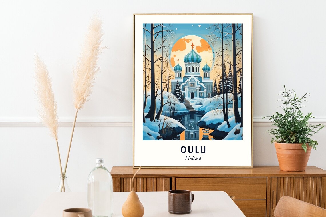 Oulu Finland Snowy Cathedral Moonlit Winter Night Travel Poster - Image 2