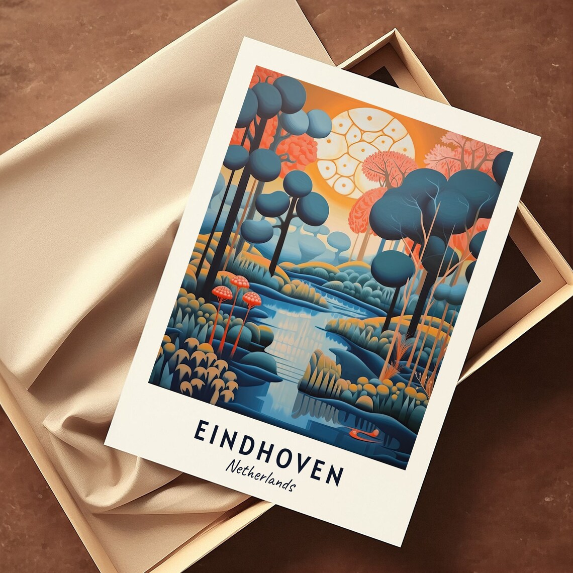 Eindhoven Netherlands Orange Moon Forest River Sunset Art Travel Poster - Image 3