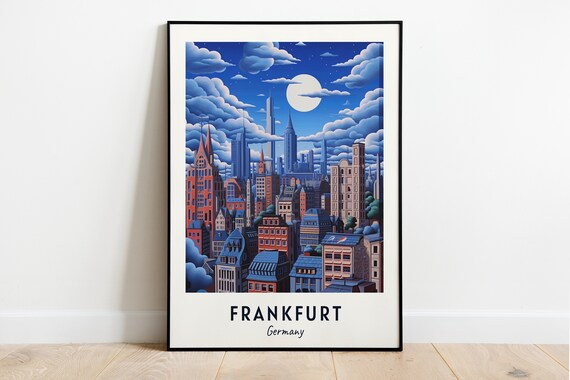 Frankfurt Germany Night Skyline Full Moon Clouds Travel Poster