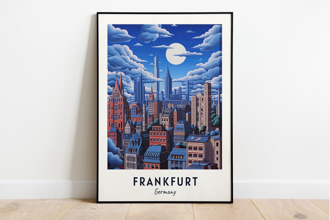 Frankfurt Germany Night Skyline Full Moon Clouds Travel Poster