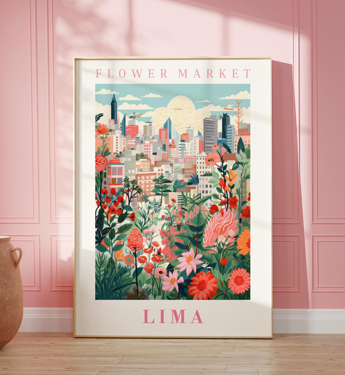 Lima Flower Market Travel Poster, Peru Floral Illustration