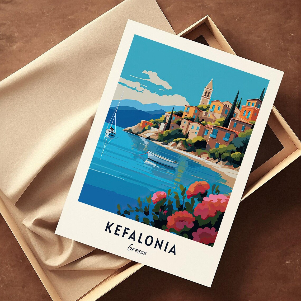 Kefalonia Greece Harbor Sailboats Coastal Village Travel Poster