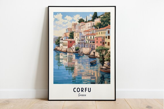 Corfu Greece Old Town Waterfront Houses Harbor Boats Travel Poster