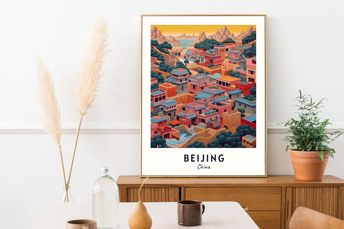 Beijing China Colorful Hillside Houses Lake Morning Travel Poster - Image 2