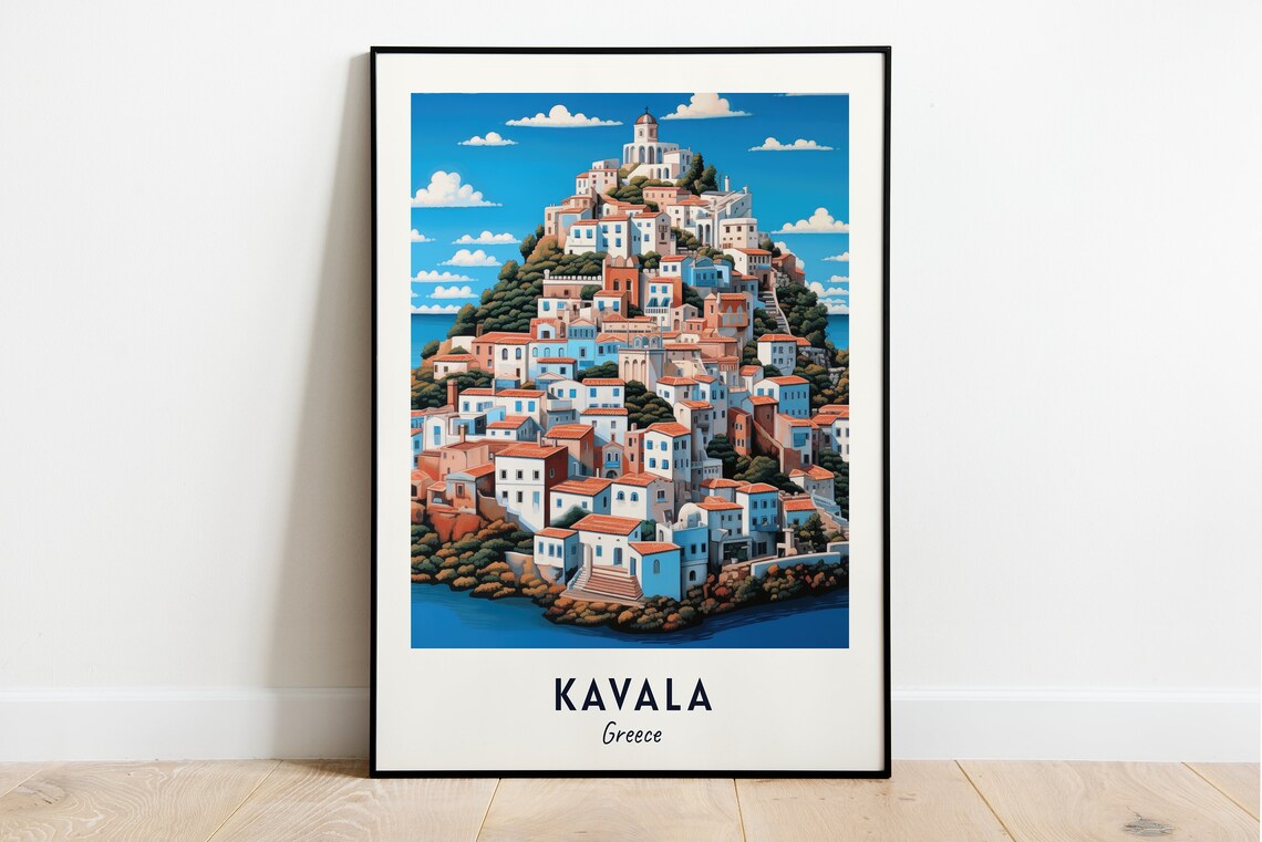 Kavala Hilltop Castle Old Town Aegean Coast View Travel Poster