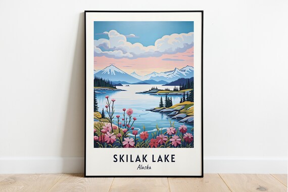 Skilak Lake Alaska Wildflower Shore Snowy Mountain Lake Day Poster