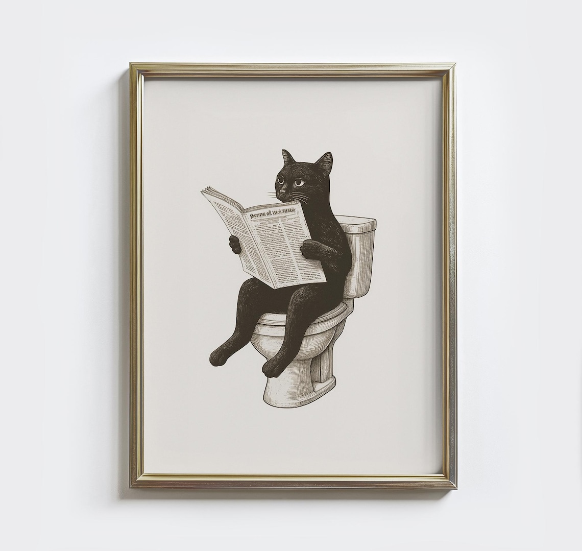 Black Cat Reading Newspaper On Toilet Funny Bathroom Art Poster