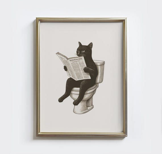 Cat On Toilet Print Retro Black Sketch Funny Bathroom Poster Quirky Farmhouse Decor