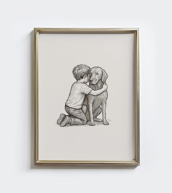 Boy Hugging Yellow Lab Dog Sweet Pen Sketch Art Portrait Poster