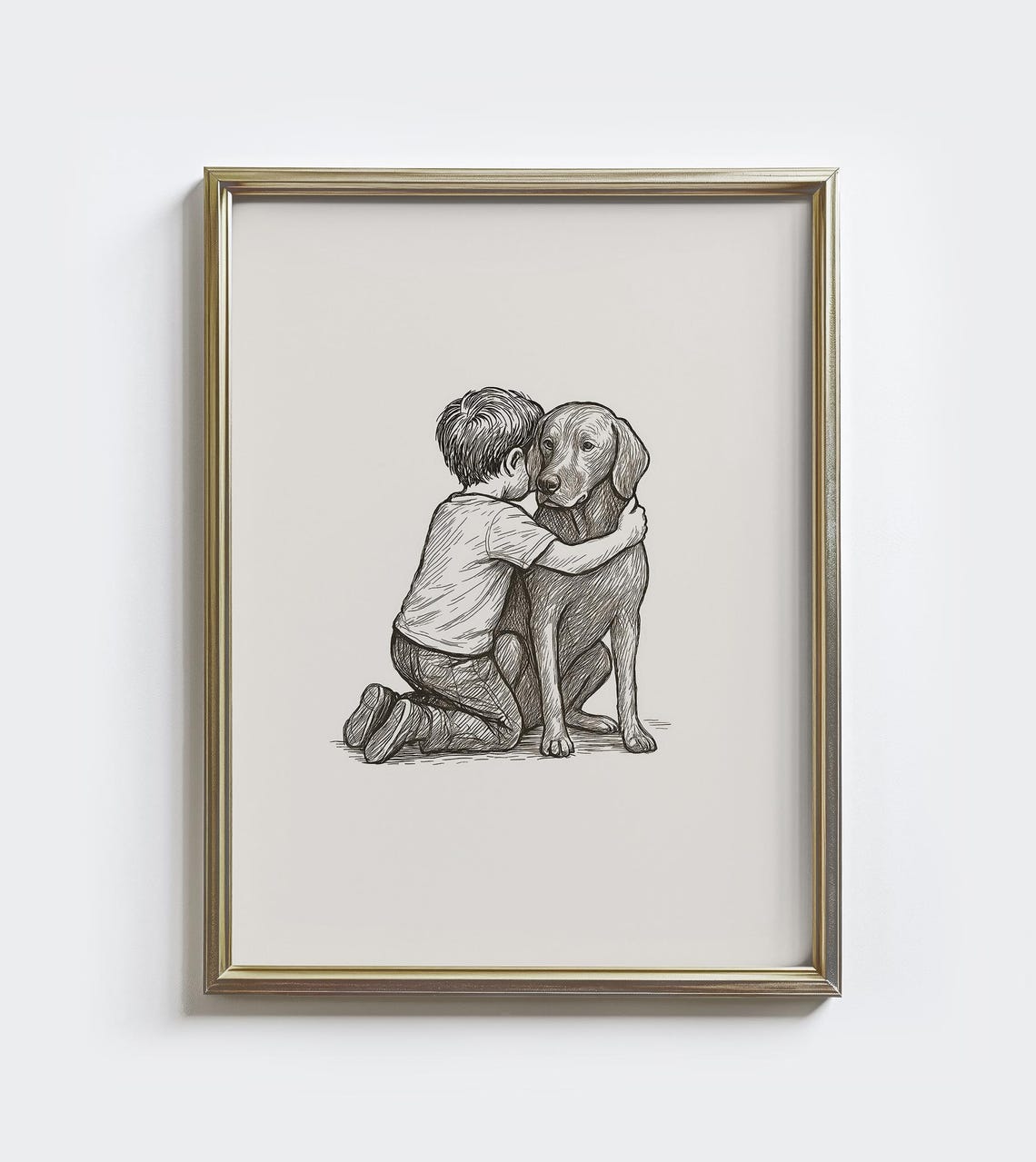 Boy Hugging Yellow Lab Dog Sweet Pen Sketch Art Portrait Poster
