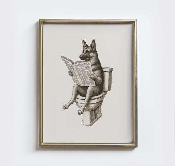 Funny German Shepherd Bathroom Print Dog On Toilet Vintage Art