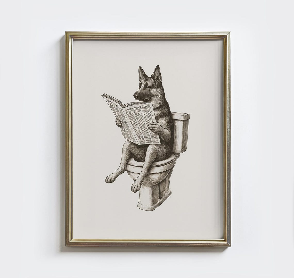 German Shepherd On Toilet Reading Newspaper Funny Bathroom Poster