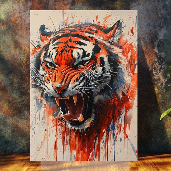 Fierce Tiger Wall Art Abstract Wildlife Canvas Roaring Jungle Cat Decor Bold Animal Painting Large Modern Safari
