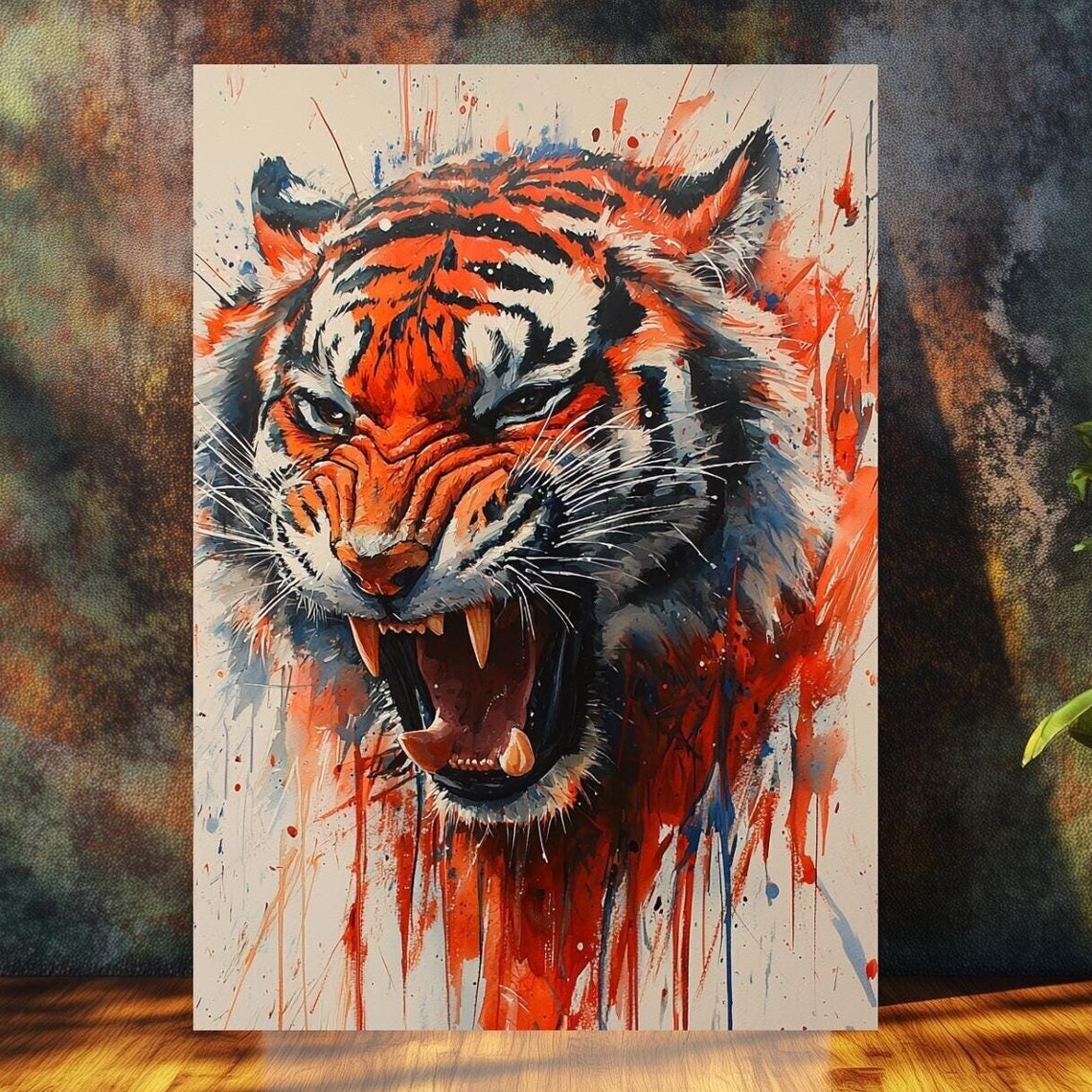 Roaring Tiger Red Watercolor Splash Fierce Jungle Cat Poster