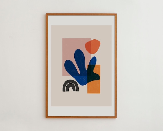 Matisse Style Abstract Leaf Shapes Bold Blue Orange Modern Art Poster