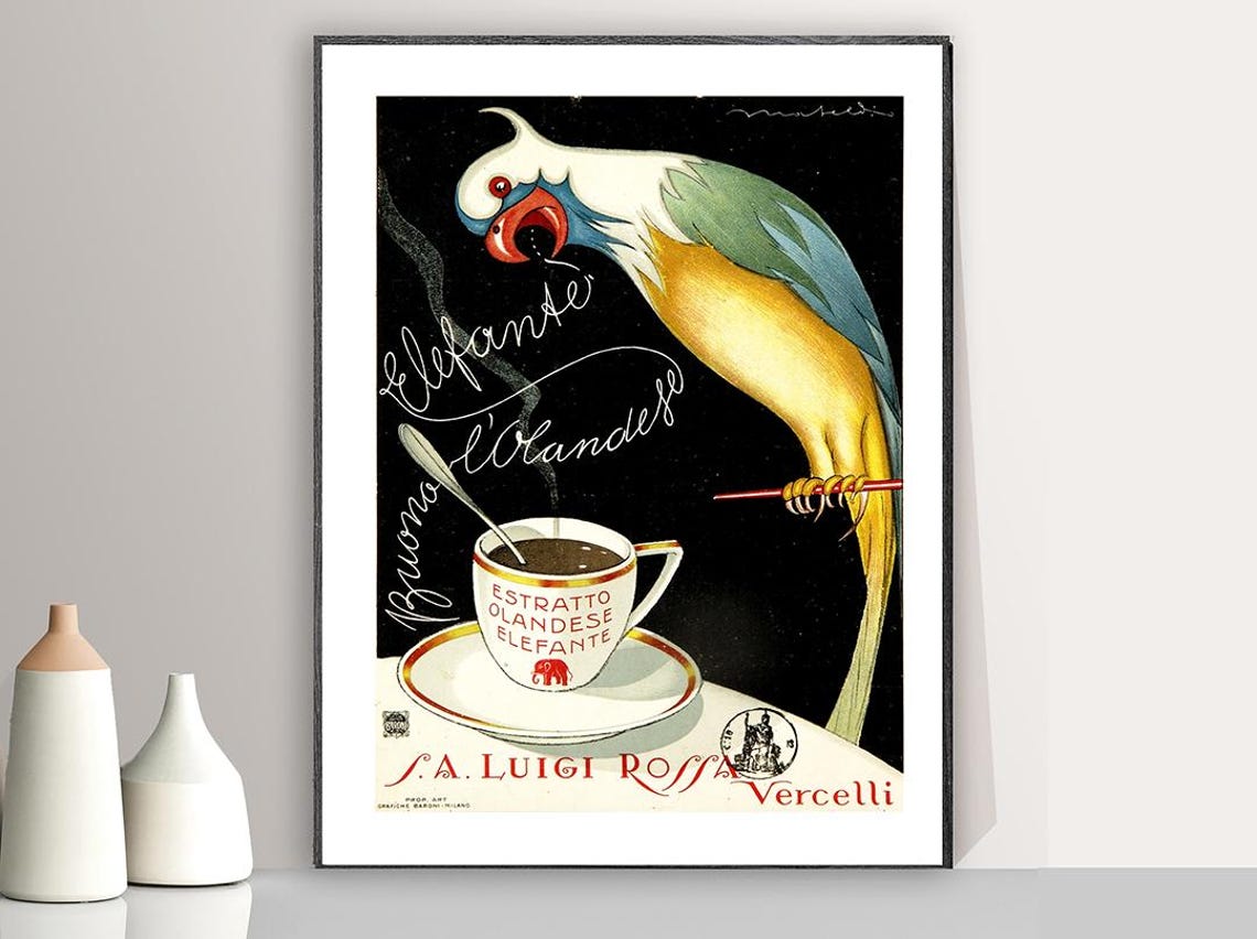 Estratto Olandese Elefante Parrot and Coffee Cup Vintage Poster - Image 2
