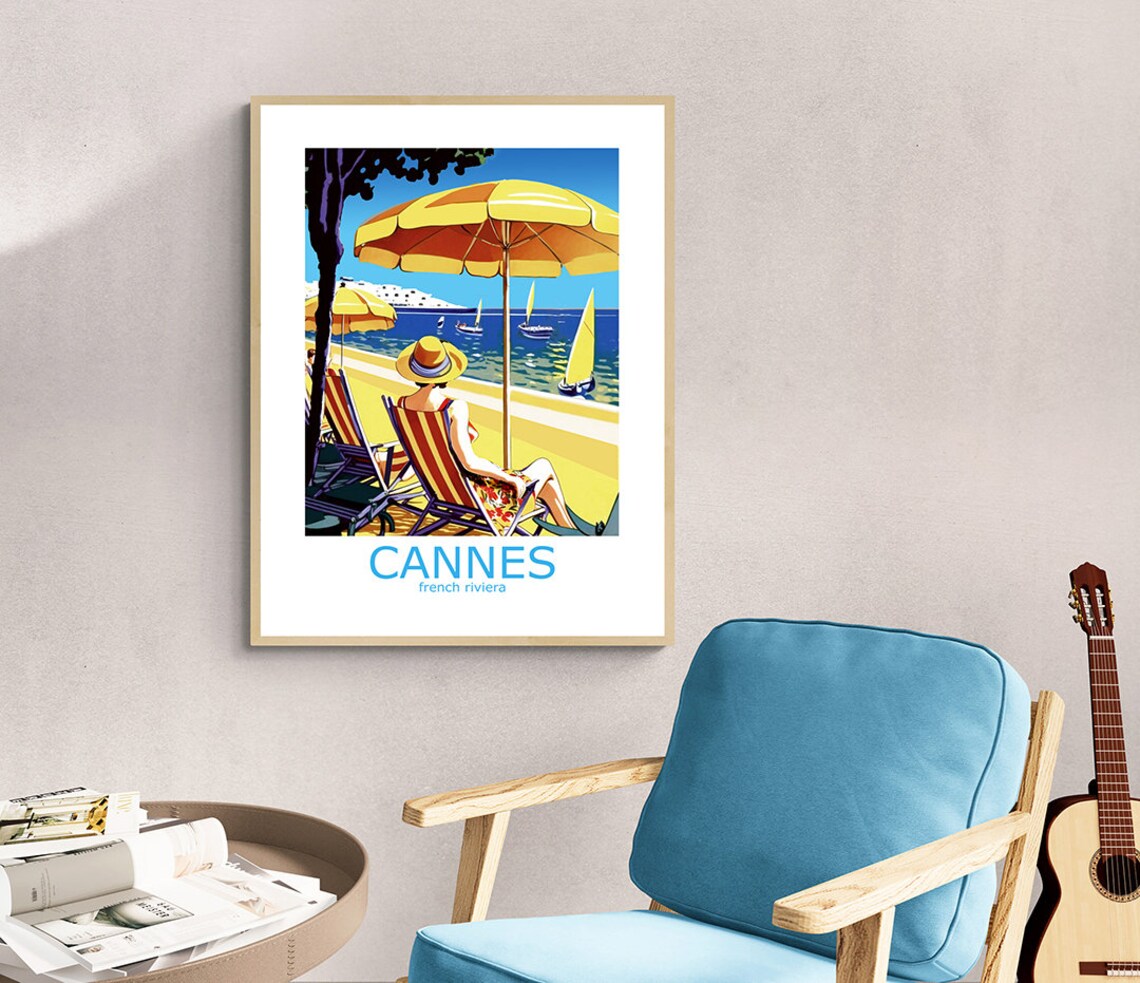 Cannes French Riviera Deck Chair Umbrella Vintage Beach Travel Poster - Image 3