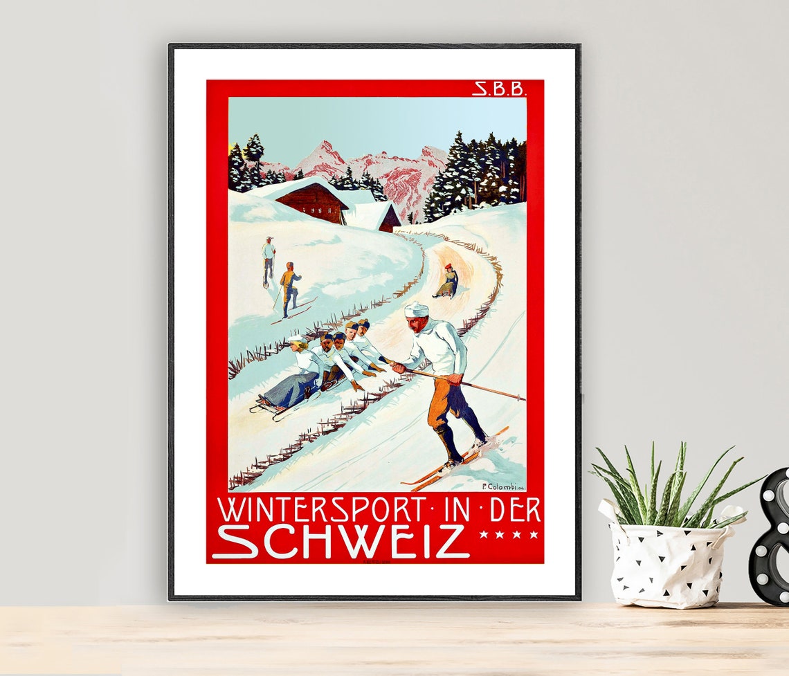 Wintersport in der Schweiz SBB Skiing Sledding Vintage Poster