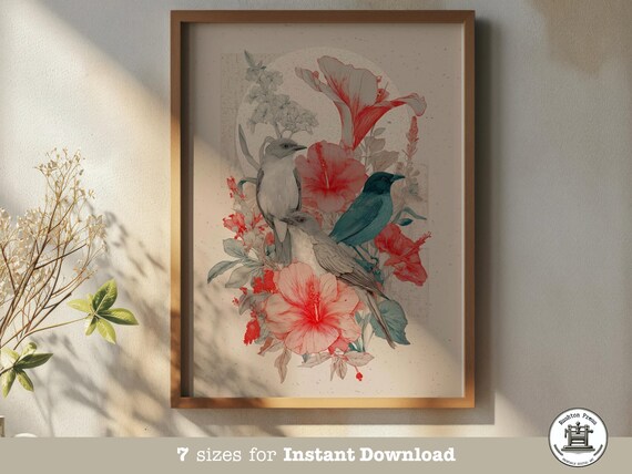 Botanical Bird Print Coral Floral Vintage Wall Art