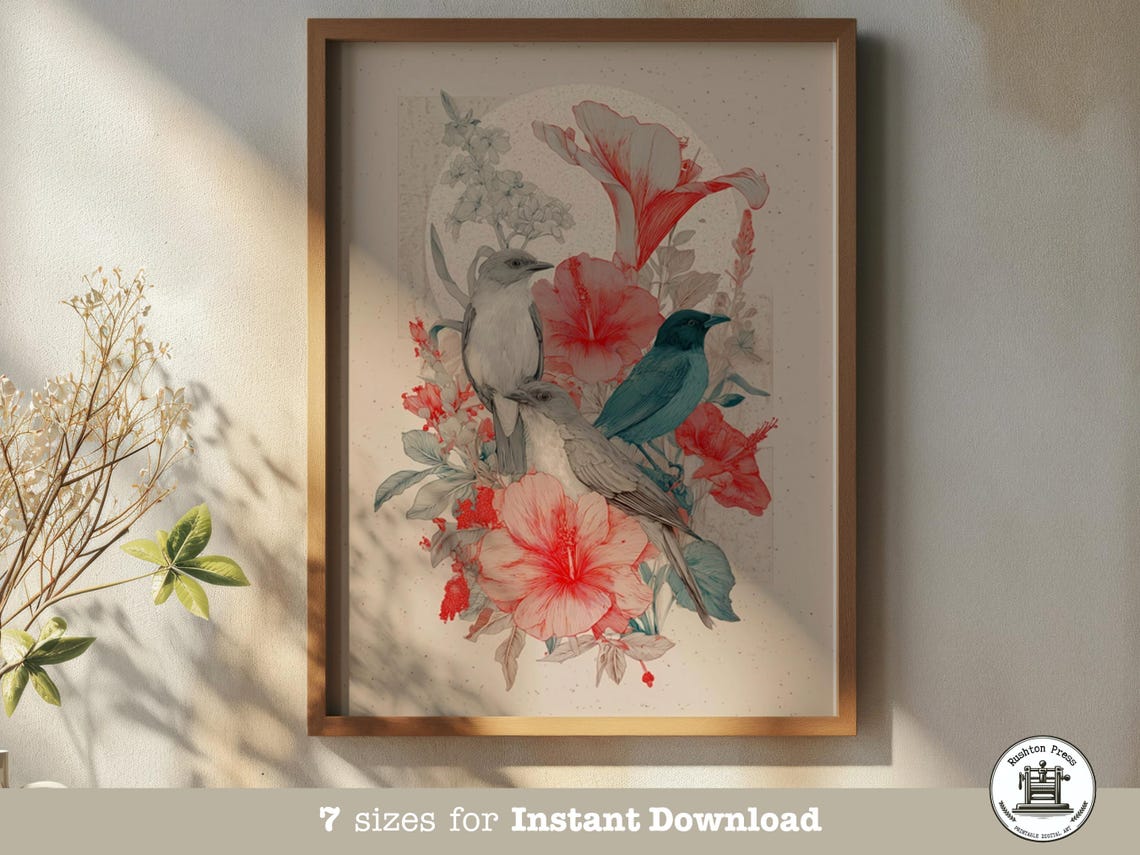 Trio Of Birds With Hibiscus Vintage Botanical Floral Wall Art