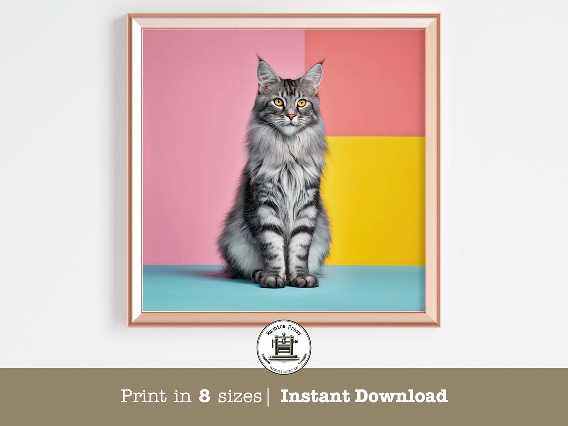 Maine Coon Cat Pop Art Portrait Bold Pastel Colors Print Decor