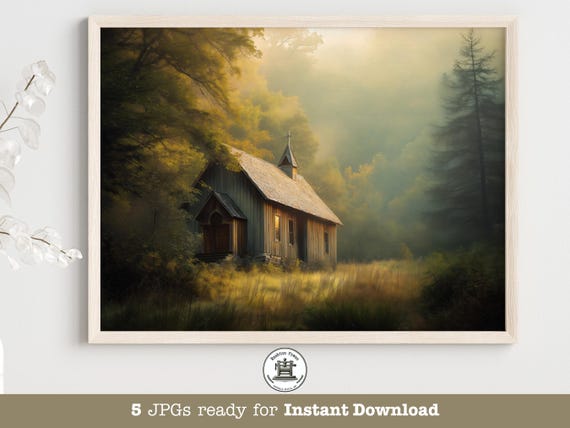 Blue Ridge Church Print Misty Forest Chapel Country Cottage Decor
