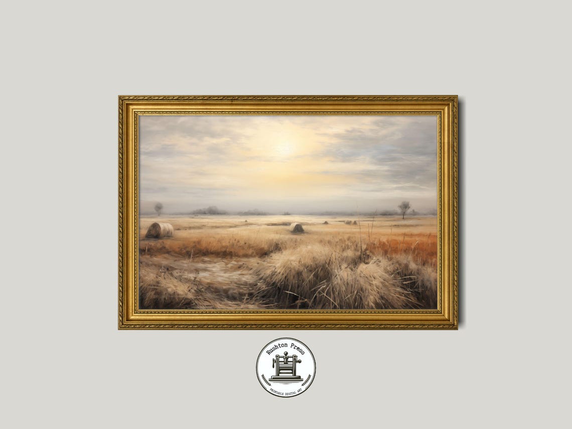 Golden Sunset Wheat Fields Hay Bales Rustic Farm Landscape Art Poster