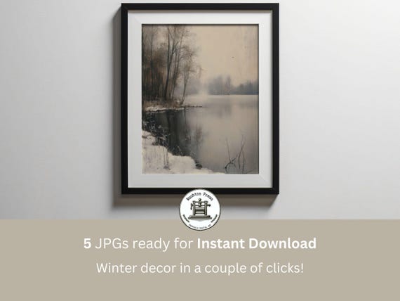 Winter Lakeside Painting Snowy Forest Art Print