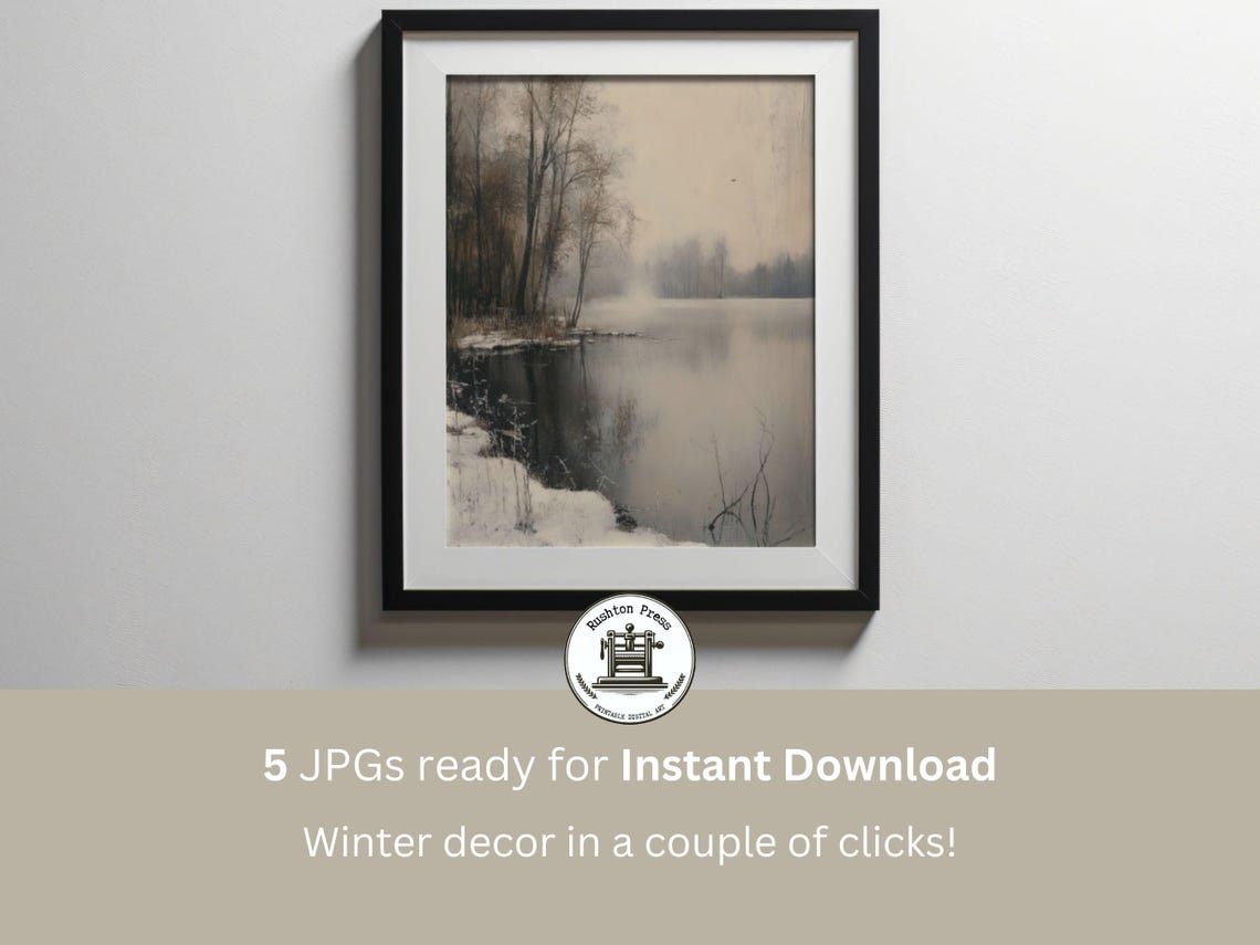 Snowy Lakeshore With Bare Trees Winter Painting Calm Winter Poster