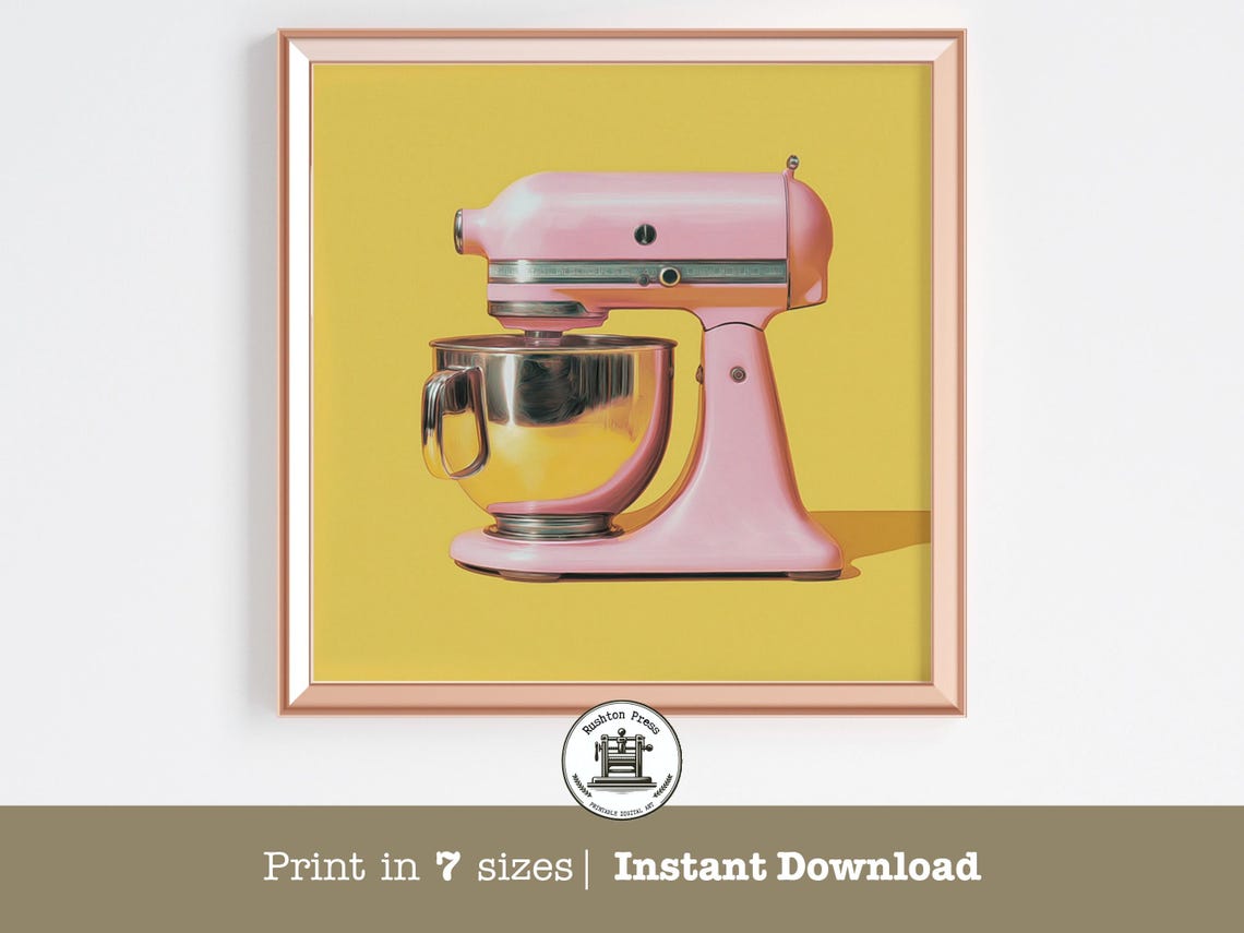 Pink Retro Stand Mixer Print Pop Art Kitchen Wall Decor Yellow