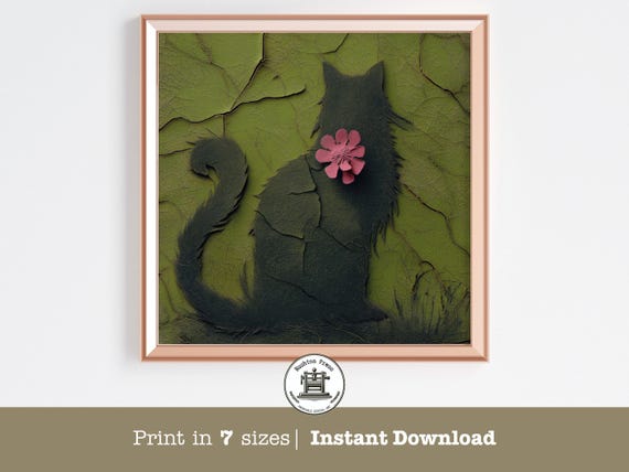 Maine Coon Cat Silhouette Pink Flower Moss Green Textured Wall Art