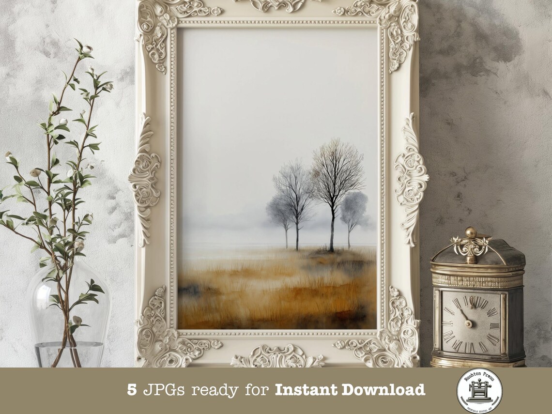 Misty Autumn Landscape Print Rustic Fall Tree Field