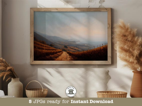 Vineyard Coast Dirt Road Hazy Hills Golden Rustic Landscape Print