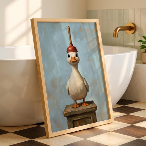Funny Duck Bathroom Art Print White With Red Plunger Quirky Guest Wall Decor Whimsical Powder Room Poster Digital Download