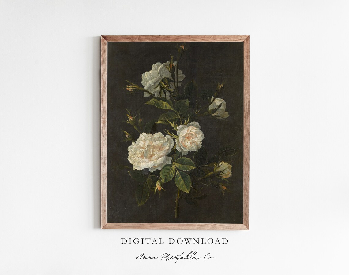 Still Life X Antique White Rose, Moody Vintage Art Print