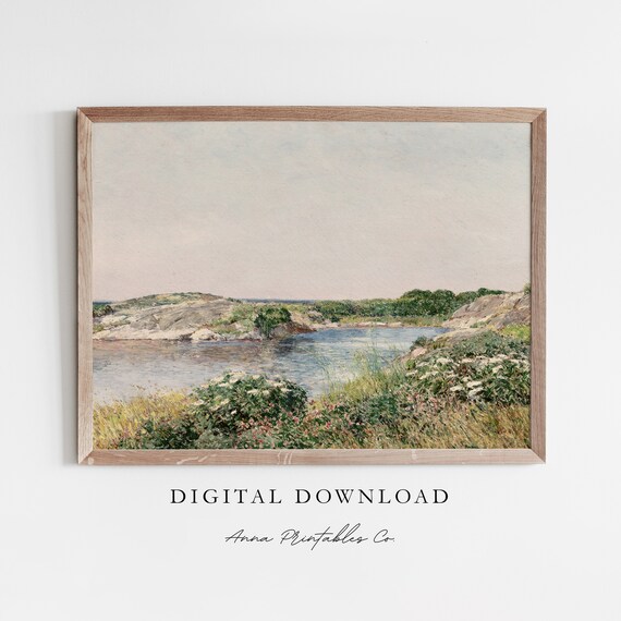Spring Pond with Wildflowers Rocky Inlet Impressionist Landscape Poster