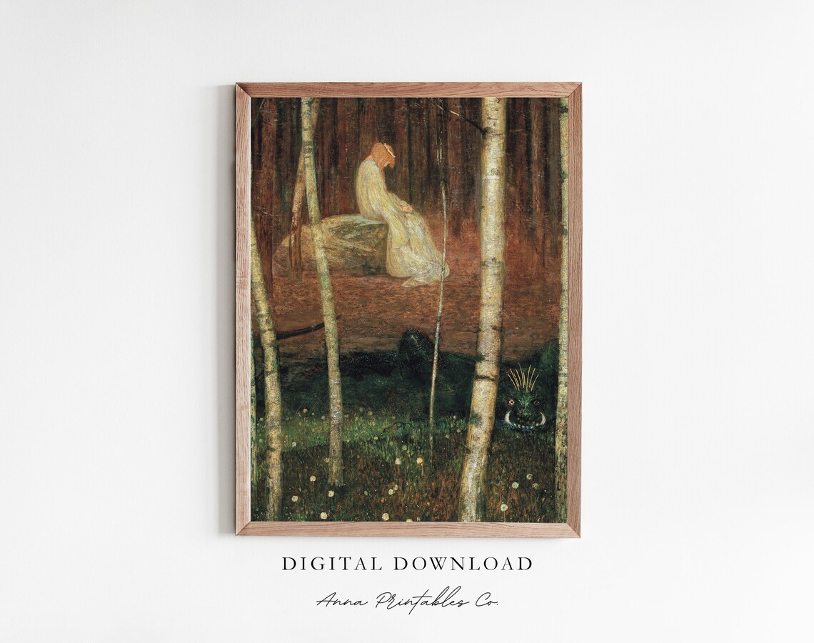 Princess and Lindworm in Dark Forest Fairy Tale Illustration Print