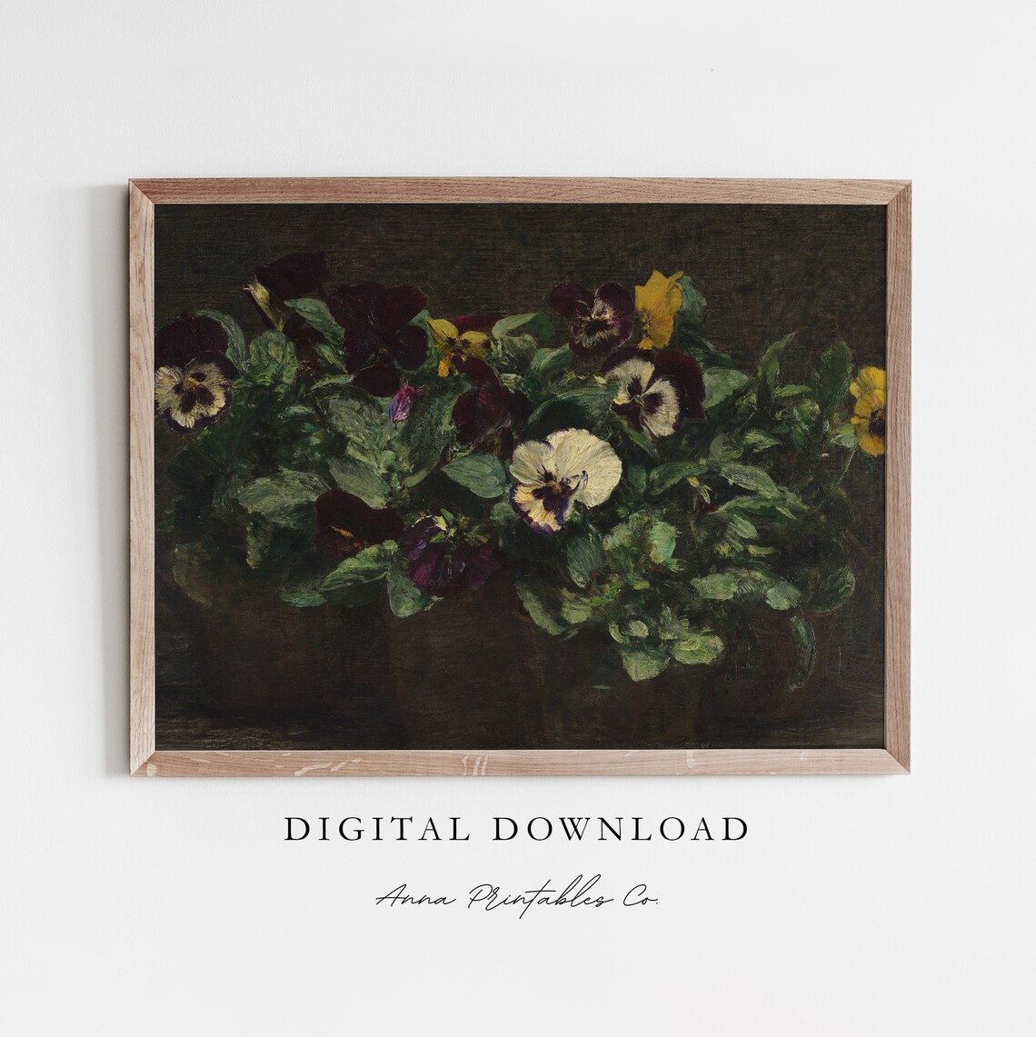Moody Floral Pansy Flowers Vintage Oil Painting Print