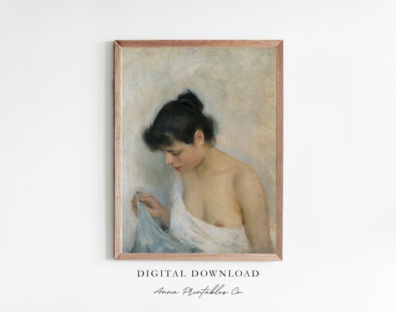 Getting Dressed Antique Portrait Painting For Vintage Neutral Tone Wall Art Farmhouse Decor Fine Art Print