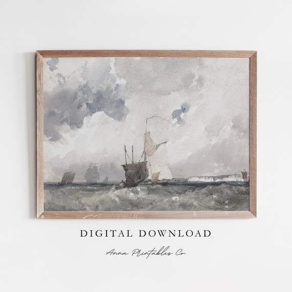 Sailing Boats on Rough Sea Vintage Watercolor Seascape Poster