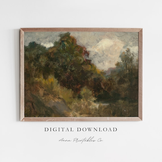 Moody Woodland Hills Oil Painting Dark Vintage Landscape Poster