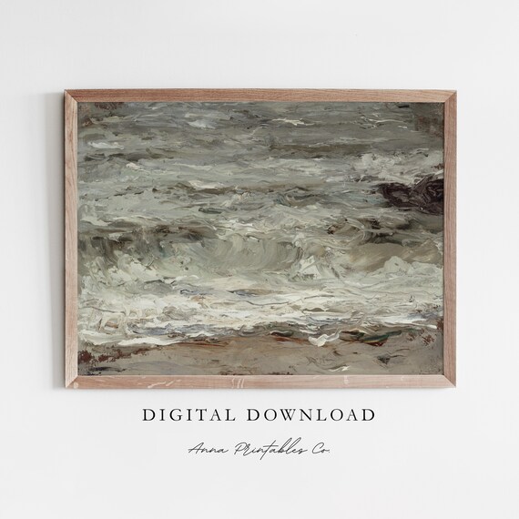 Muted Gray Abstract Ocean Waves Textured Seascape Painting Poster