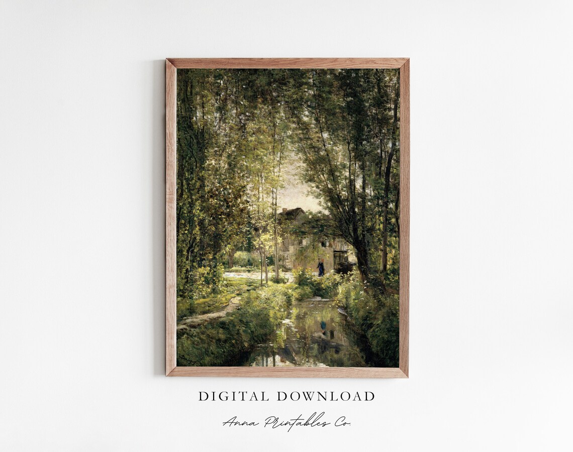 Hidden Stream Next To Cottages, Vintage Landscape Art Print
