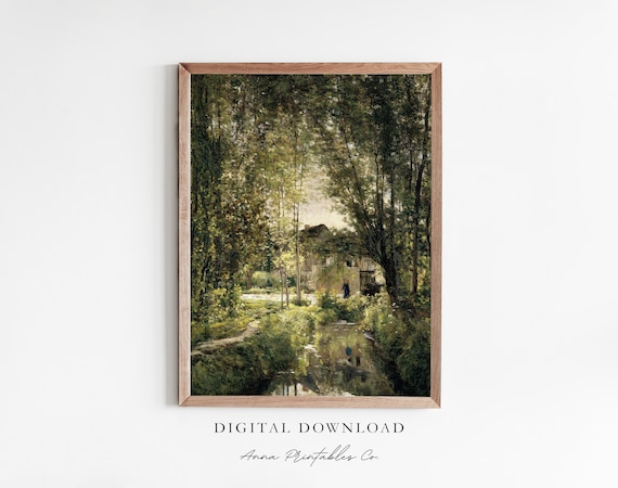 Hidden Stream Next To Cottages, Vintage Landscape Art Print
