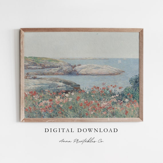 Field Of Flowers By The Sea Vintage Art Print