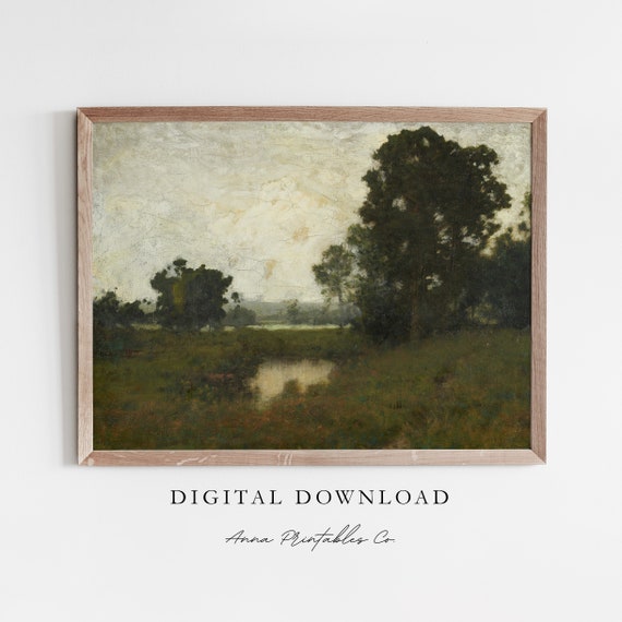Dark Green Countryside Antique Moody Landscape Painting For Vintage Wall Art Rustic Cottage Farmhouse Decor