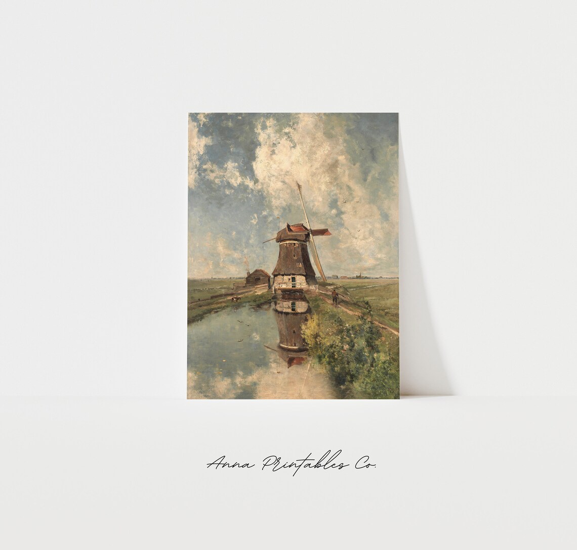 Vintage Windmill Dutch Countryside Landscape Art Print
